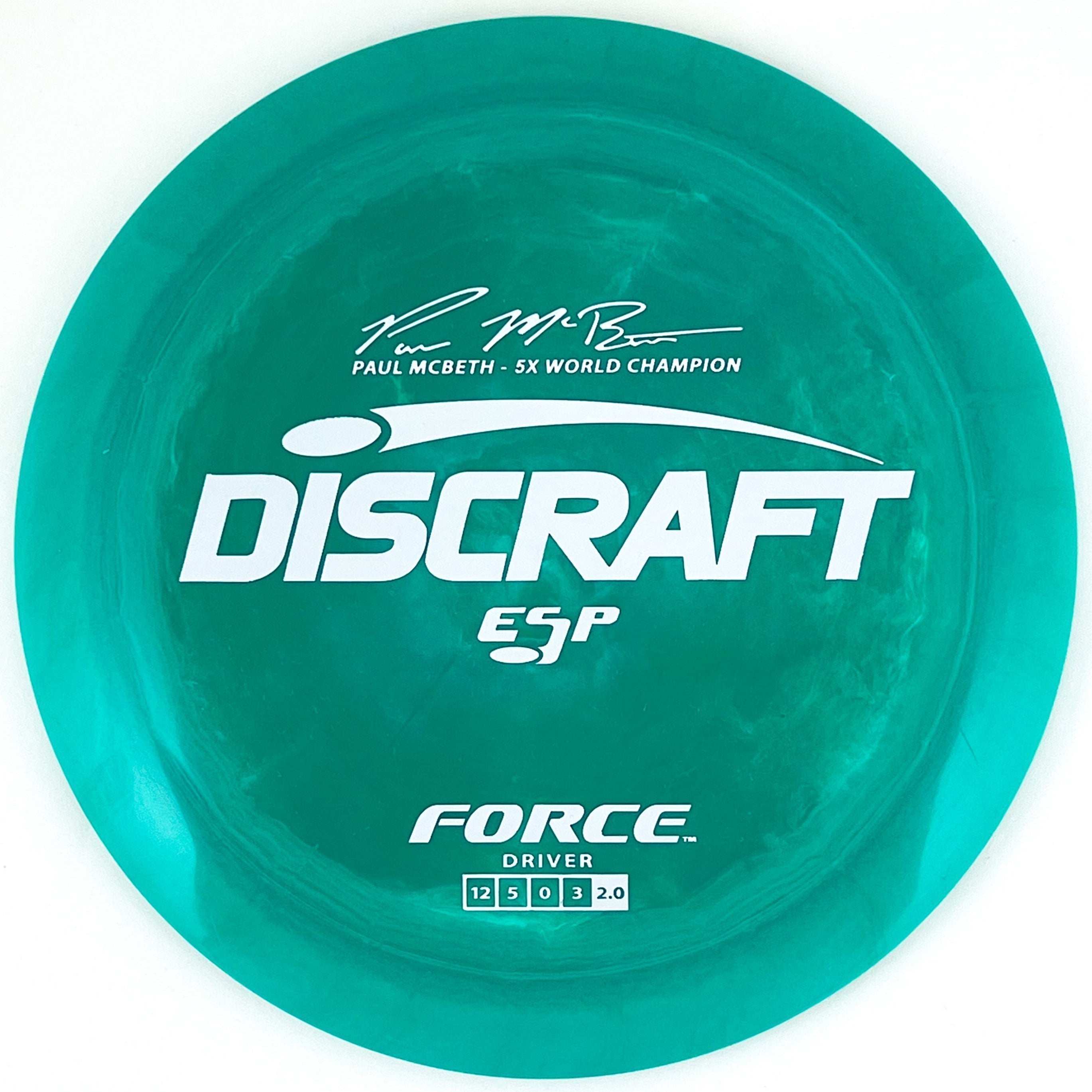 Green 5x Paul McBeth ESP Force disc golf distance driver by Discraft Disc Golf.