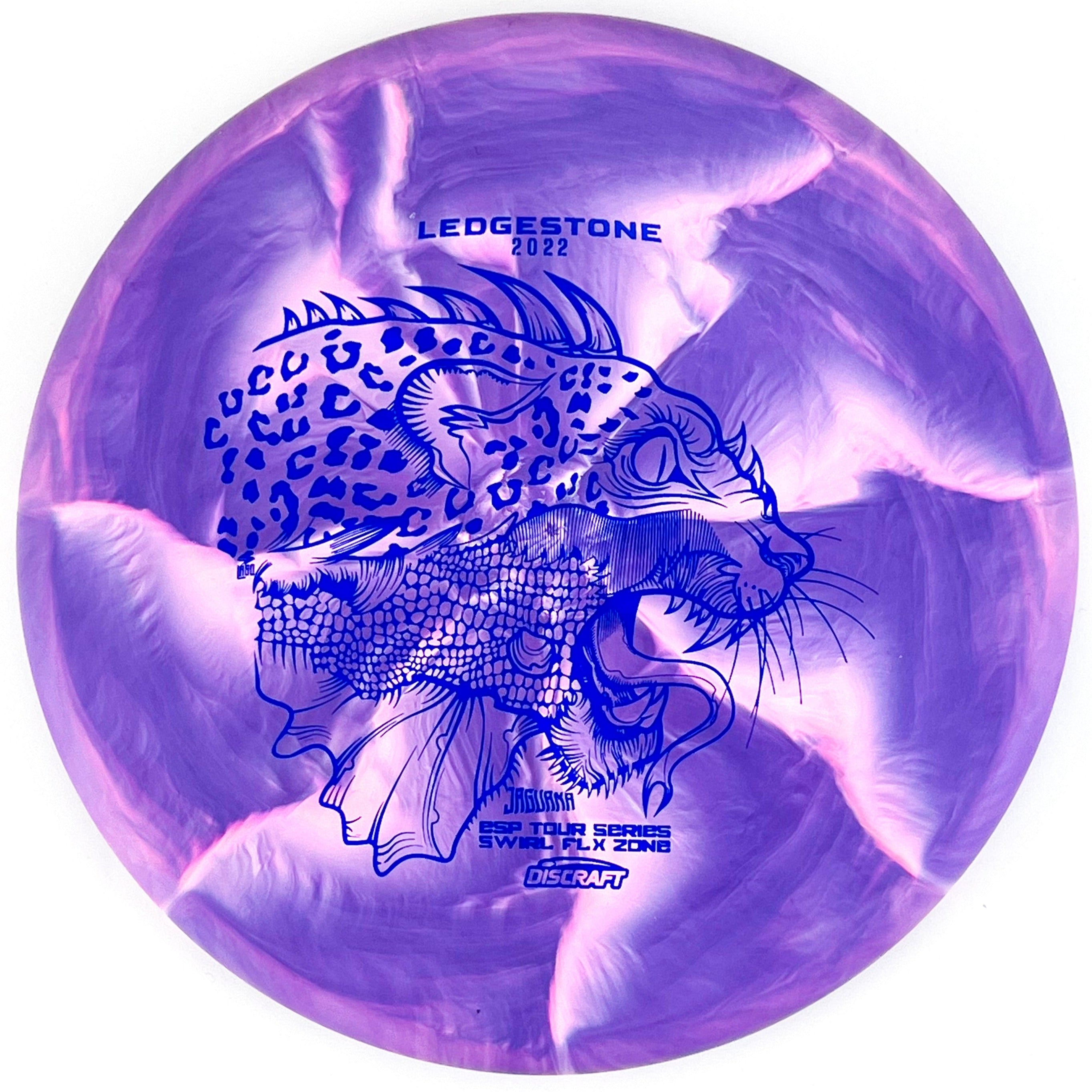 Purple 2022 Ledgestone Tour Series ESP Swirl Flx Jaguana Zone disc golf putt and approach disc from Discraft Disc Golf.