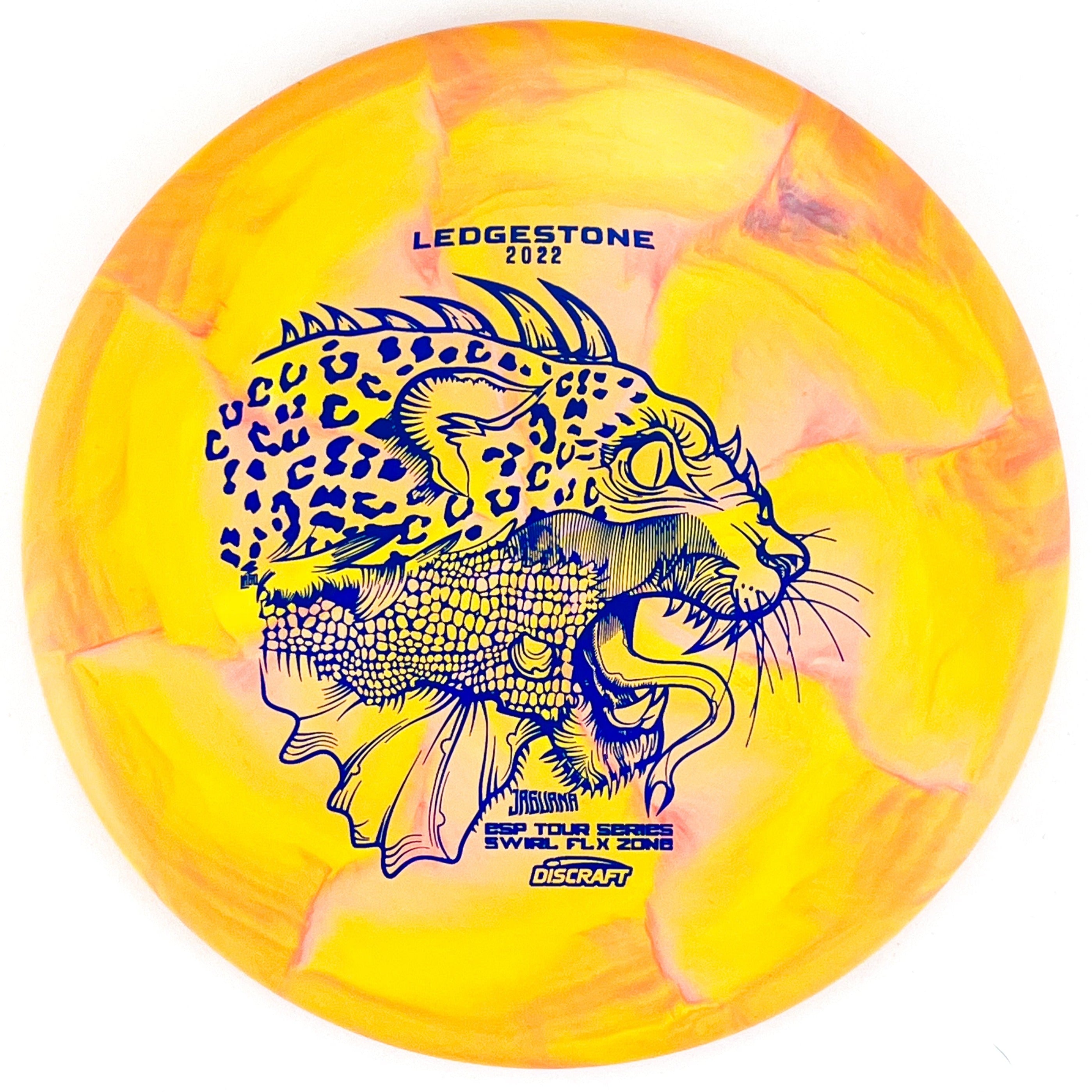 Yellow 2022 Ledgestone Tour Series ESP Swirl Flx Jaguana Zone disc golf putt and approach disc from Discraft Disc Golf.