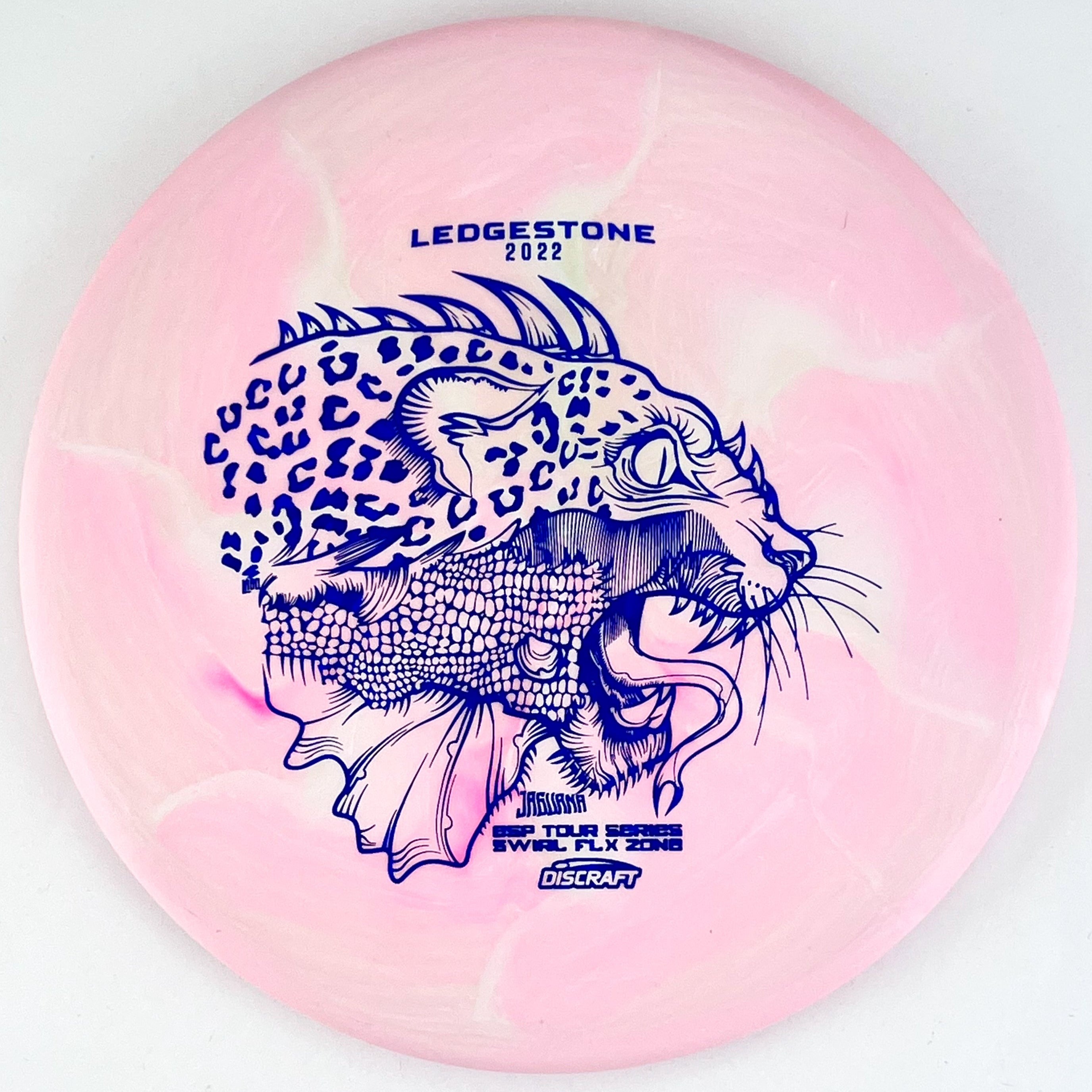 Pink 2022 Ledgestone Tour Series ESP Swirl Flx Jaguana Zone disc golf putt and approach disc from Discraft Disc Golf.