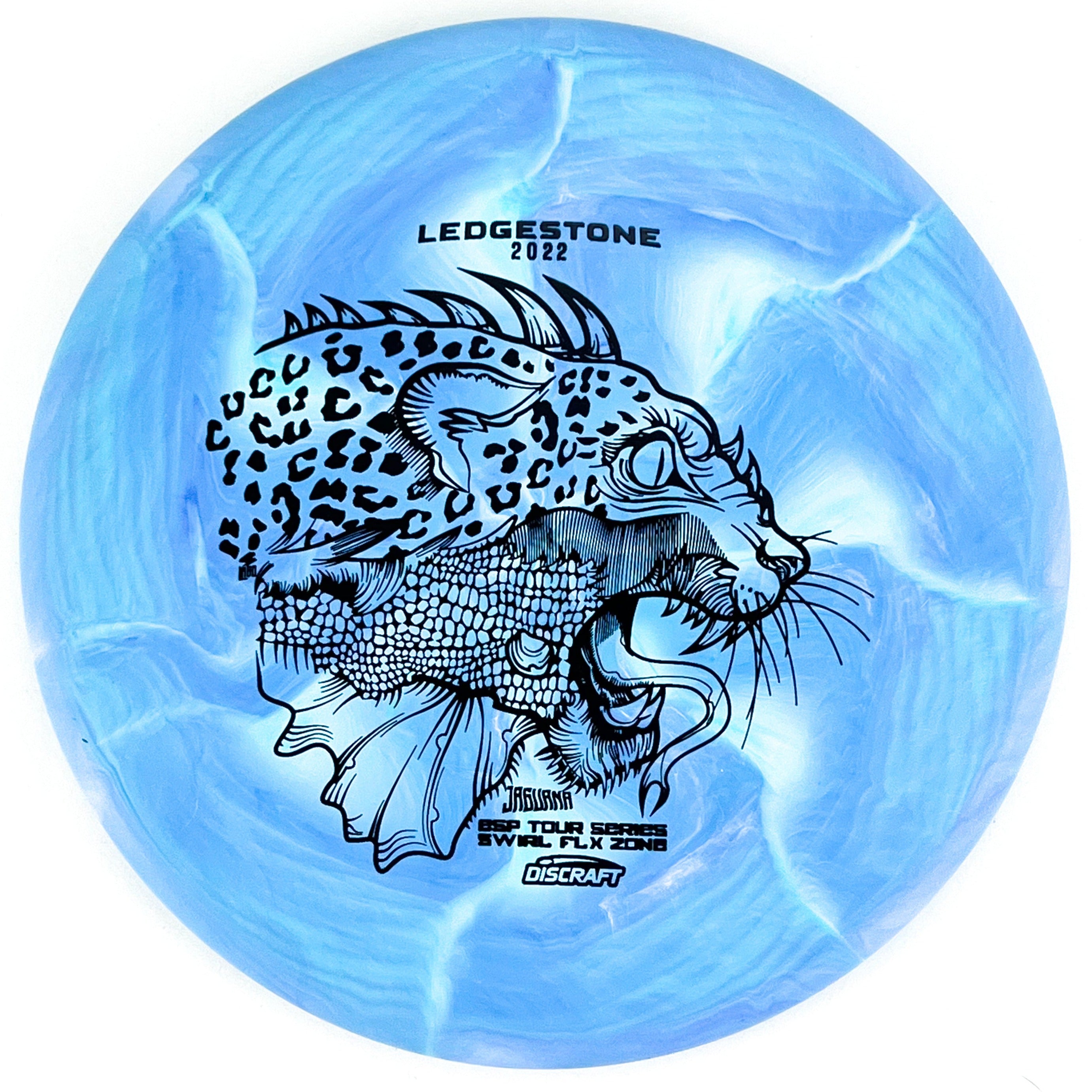 Blue 2022 Ledgestone Tour Series ESP Swirl Flx Jaguana Zone disc golf putt and approach disc from Discraft Disc Golf.