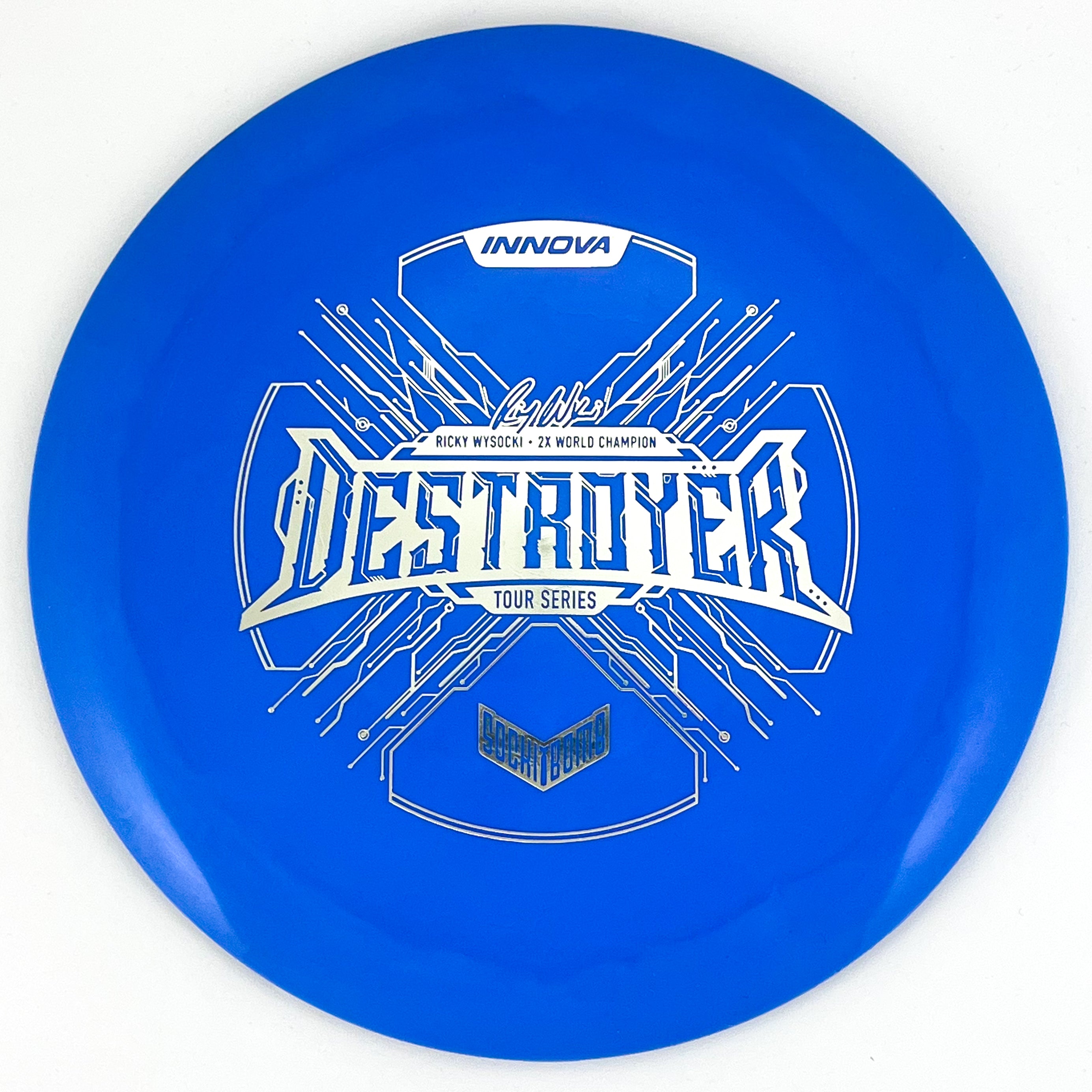 Blue 2021 Ricky Wysocki Tour Series 'SockiBomb' Destroyer disc golf distance driver by Innova Champion Discs.