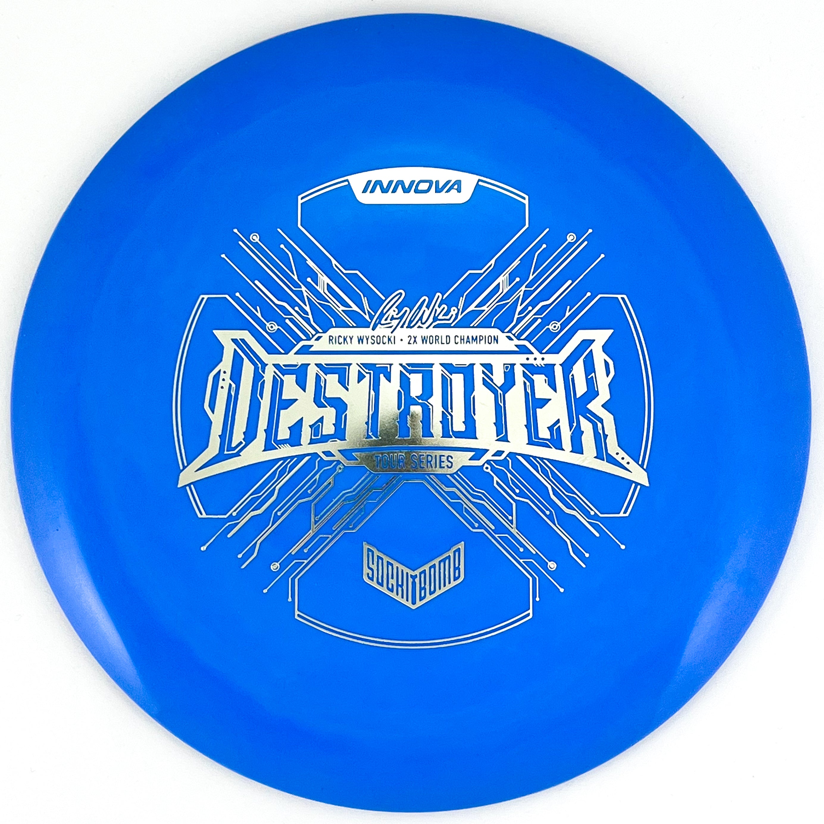 Blue 2021 Ricky Wysocki Tour Series 'SockiBomb' Destroyer disc golf distance driver by Innova Champion Discs.